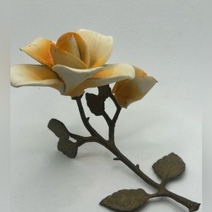 Vintage Capodimonte Italian yellow porcelain flower w/ metal leaves